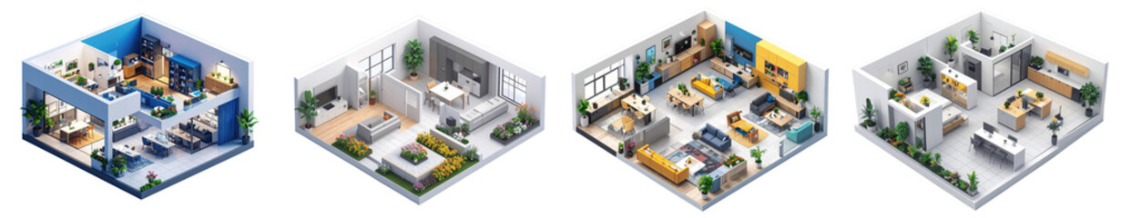 間取り インテリア 3D 俯瞰 建築 部屋 家具 デザイン ミニチュア 模型 リビング ダイニング 寝室 オフィス 植物 住宅 ショールーム 配置 レイアウト 現代的