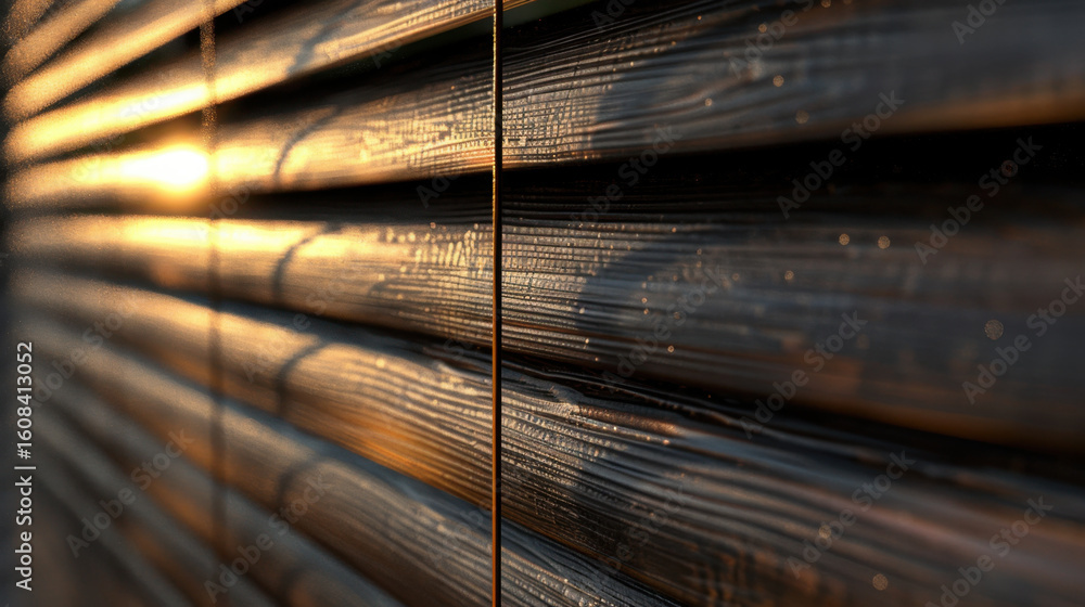 Poster sunlight filters through modern window blinds, creating warm glow on textured surface. intricate pat