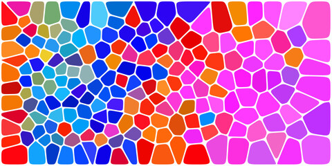  Vibrant mosaic pattern with colorful, irregular polygonal tiles blending from blue to pink, red, and purple shades, outlined with white borders.