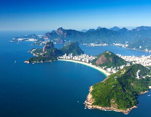 Panoramic aerial view of Rio de Janeiro, Brazil, showcasing coastline, mountains, and cityscape. A vibrant coastal scene with lush green hills meeting a clear turquoise sea.