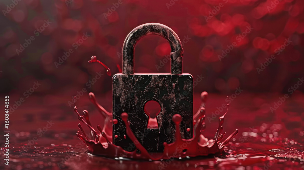 Poster dark padlock surrounded by splashes of red liquid creates striking visual representation of security