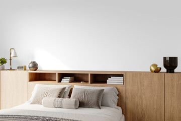 Minimal Bedroom Setup with Wooden Cabinet Headboard and Carpet – Transparent Background PNG