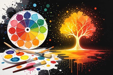 Vibrant Palette of Artistic Expression: A colorful palette of paints and brushes with a vibrant tree in the backdrop, celebrating the artistic creativity and passion of individuals.