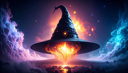 Floating Halloween Witch Hat in Dark Fog. Hallowen Concept. Generated Image