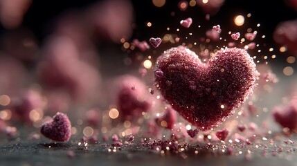 Colorful mini hearts swirling together to build central heart shape in soft glowing red light