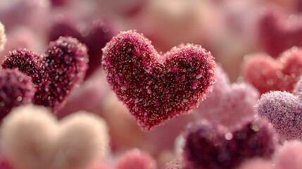 Colorful mini hearts swirling together to build central heart shape in soft glowing red light