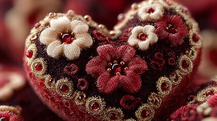 Delicate heart composition with multiple shiny small hearts forming large centerpiece over red tones
