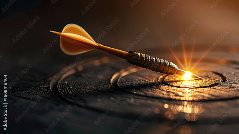 Poster glowing dart striking center of target, symbolizing precision and focus. image captures moment of im