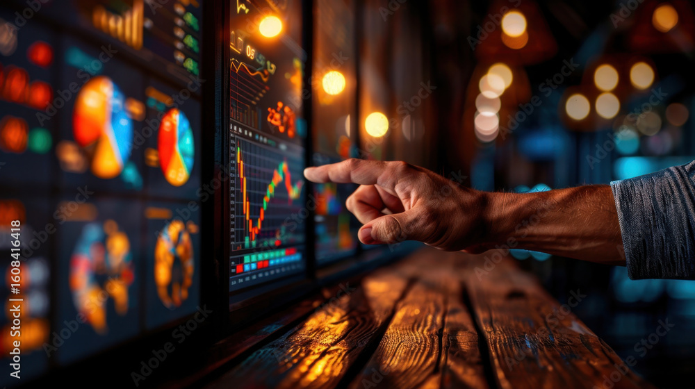 Poster person interacts with modern kpi dashboard displaying various data visualizations and metrics in sty