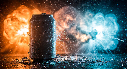 Chilled beverage can with water droplets on ice, set against a dramatic background of fire and ice explosions for an energy concept.