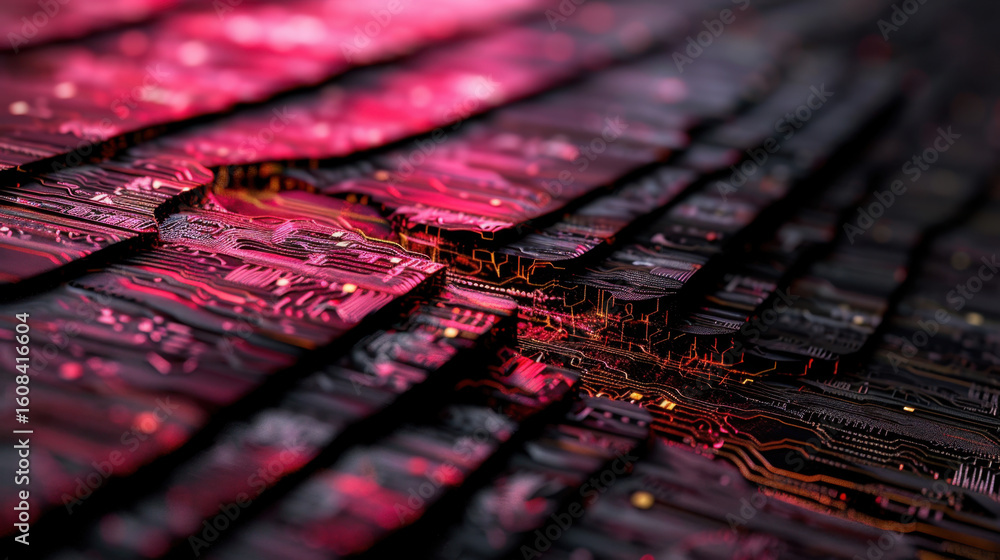 Poster high tech circuit board layers with intricate patterns and glowing elements create visually striking