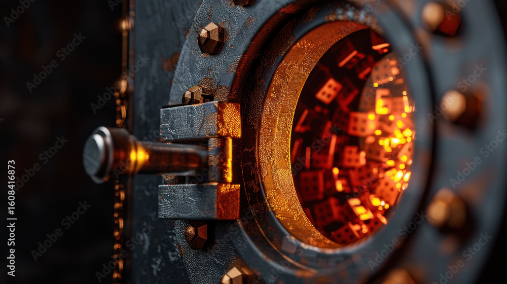 Poster detailed view of secure vault door with glowing interior, showcasing intricate textures and metallic