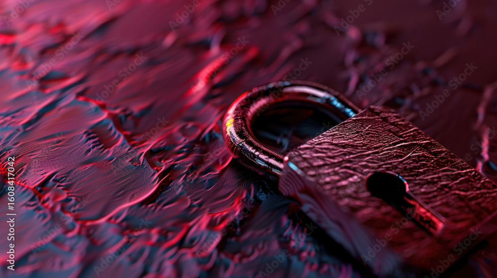 Poster close up view of metallic padlock resting on textured surface, illuminated with vibrant red and purp