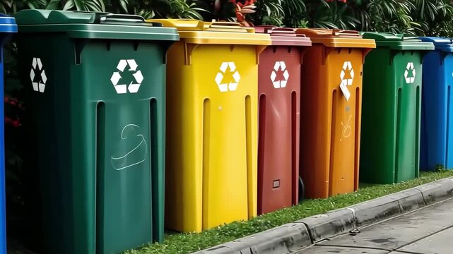 Colorful recycling bins for sorting different types of waste. A variety of bins are placed at the collection point to encourage responsible waste management.