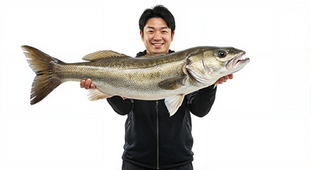Obraz premium 大物を釣り上げた笑顔の日本人男性、白背景で釣果を見せるプロポートレート、成功したフィッシングの記録 -生成AI