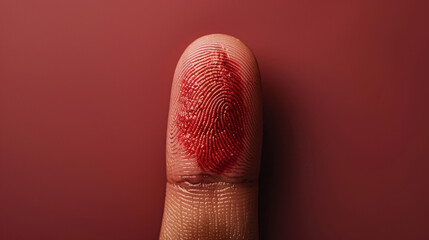 Close up of finger with red fingerprint, symbolizing identity theft and security threats. vivid color and detail evoke sense of urgency and caution regarding personal information safety