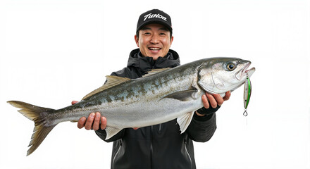 大物を釣り上げた笑顔の日本人男性、白背景で釣果を見せるプロポートレート、成功したフィッシングの記録 -生成AI
