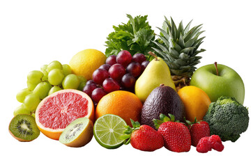Ultra-photorealistic isolated human body made of assorted fruits on transparent background

