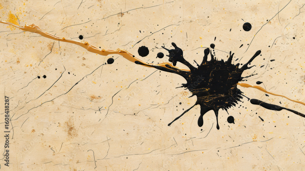 Poster abstract ink splatter texture on clean surface, showcasing chaos and creativity with black and gold 