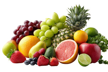 Ultra-photorealistic isolated human body made of assorted fruits on transparent background

