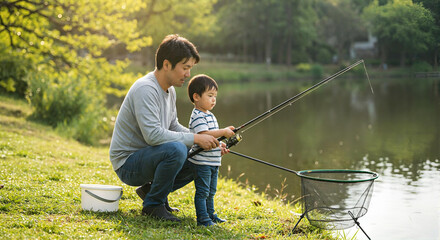 湖畔で釣りを楽しむ親子の姿、父親が子供に釣りを教える家族の絆とアウトドア体験のひととき -生成AI