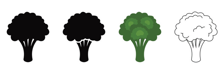 Broccoli Vector Icon Set – Black Silhouette, Minimal Vegetable 
Design, Flat Line Art Illustration