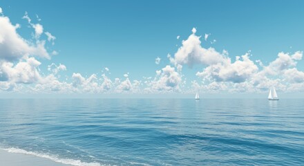 A vast expanse of calm ocean under a clear blue sky, dotted with fluffy white clouds and sailboats.  Tranquil seascape