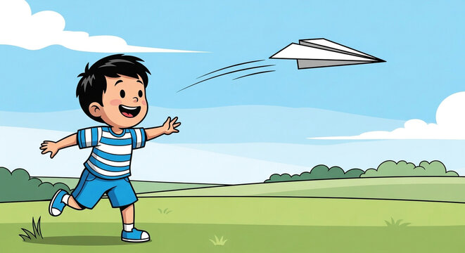 A cartoon boy in a striped shirt throwing a paper airplane in a field on a sunny day with blue sky