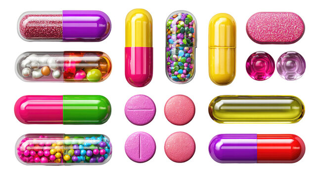 Various medications including multicolored capsules and tablets on transparent background


