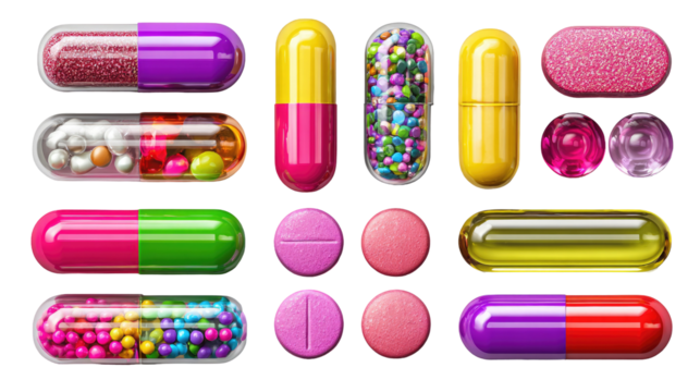 Various medications including multicolored capsules and tablets on transparent background

