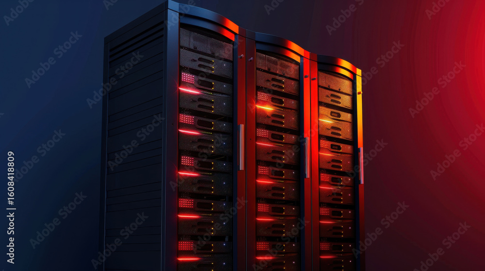 Poster high tech data storage system featuring multiple server racks illuminated with vibrant red and orang