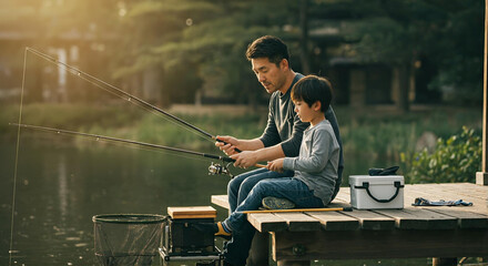 湖畔で釣りを楽しむ親子の姿、父親が子供に釣りを教える家族の絆とアウトドア体験のひととき -生成AI