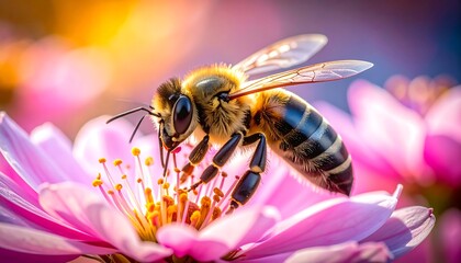 Bee on pink flower in vibrant colors