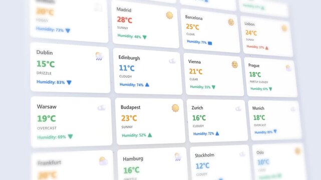 Dynamic weather forecast display across major Europe cities with temperature variations