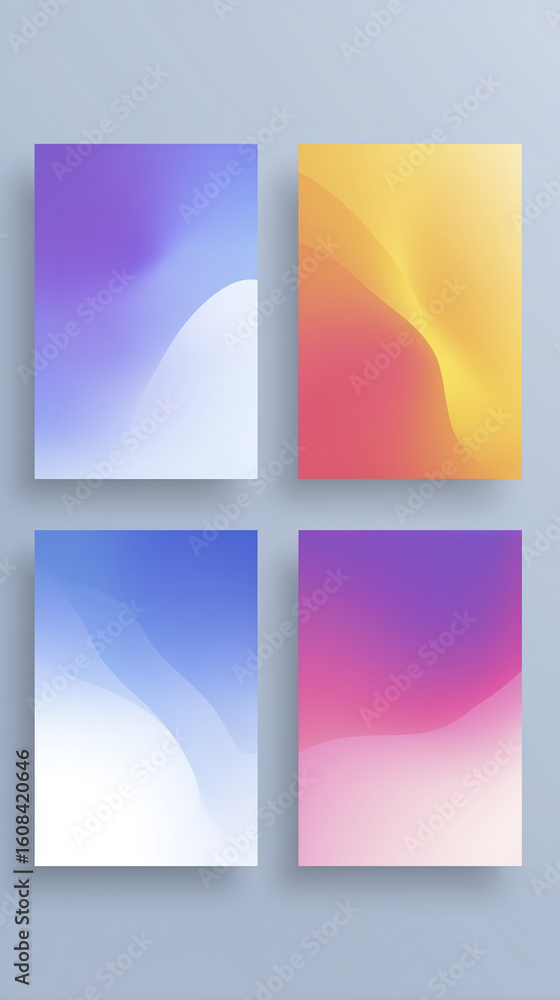 Poster abstract gradient backgrounds featuring soft curves and vibrant colors in four distinct panels, show