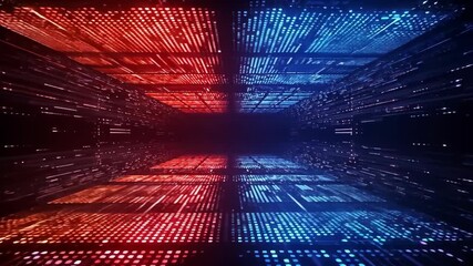 An abstract blue digital tunnel of binary code streams across a futuristic cyber network background - Powered by Adobe