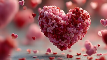 Valentines theme with festive background and floating hearts combining into single large heart