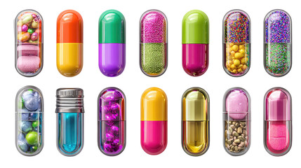 Various medications including multicolored capsules and tablets on transparent background

