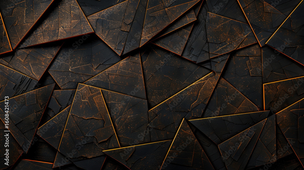 Aufkleber textured surface with dark geometric patterns, featuring sharp angles and mix of black and orange hu