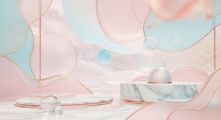 Abstract pastel product display with marble podiums and transparent shapes for presentation