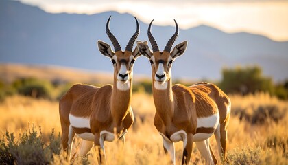 Two Springboks in golden light