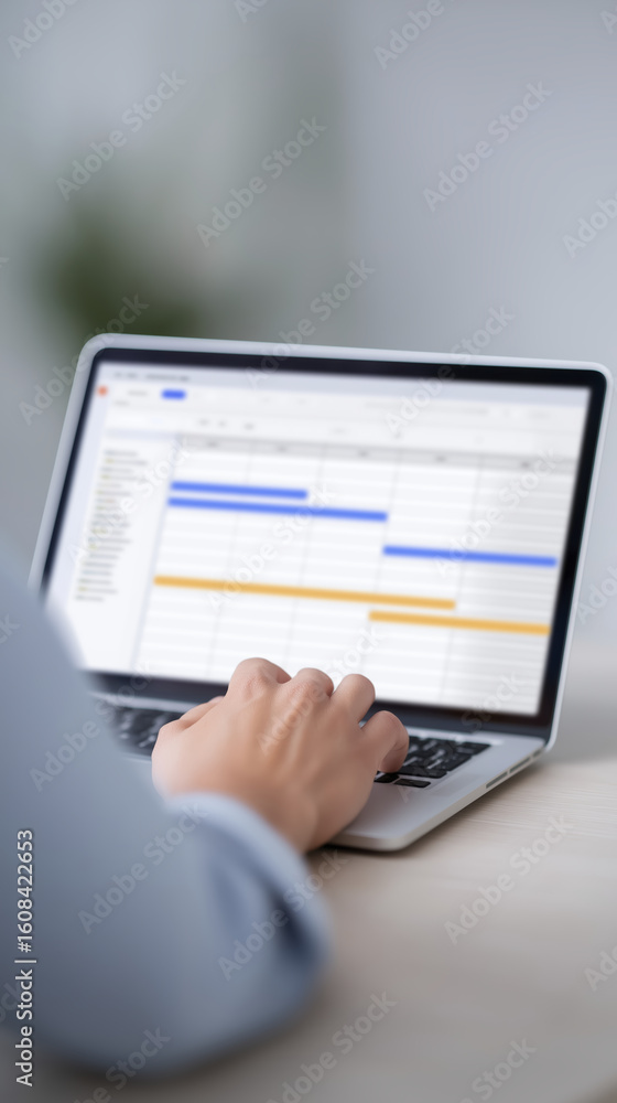 Poster individual using laptop to manage project tasks, with spreadsheet displayed on screen, showcasing or