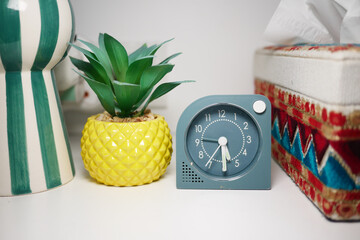 Decorative objects on a shelf with a clock and plant
