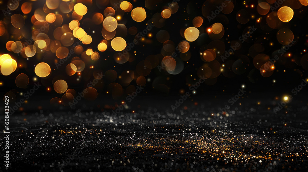 Poster golden sparkles and soft motion blur create mesmerizing background filled with vibrant bokeh lights,