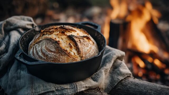 Rustic sourdough bread in cast iron pot by campfire with cozy outdoor cooking ambiance