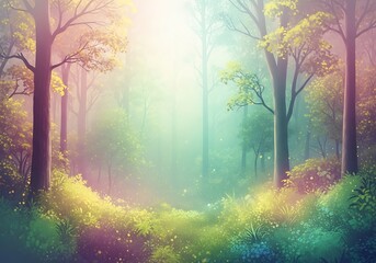 Enchanted forest path with dreamy light and vibrant foliage painting style