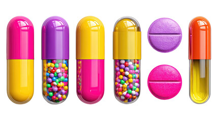 Various medications including multicolored capsules and tablets on transparent background

