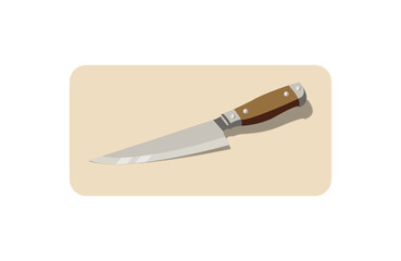 Illustration of a sharp kitchen knife with a brown handle on a beige background.