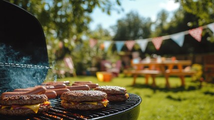 a grill with sizzling burgers and hot dogs, set up in a sunny backyard with flags and picnic decor in the background, summer vibes