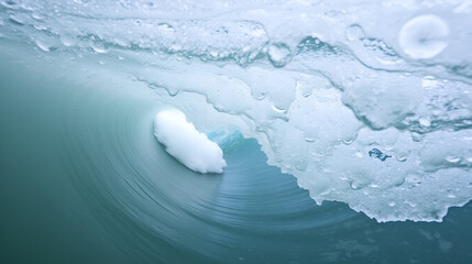 Inside view of a dynamic, foamy ocean wave